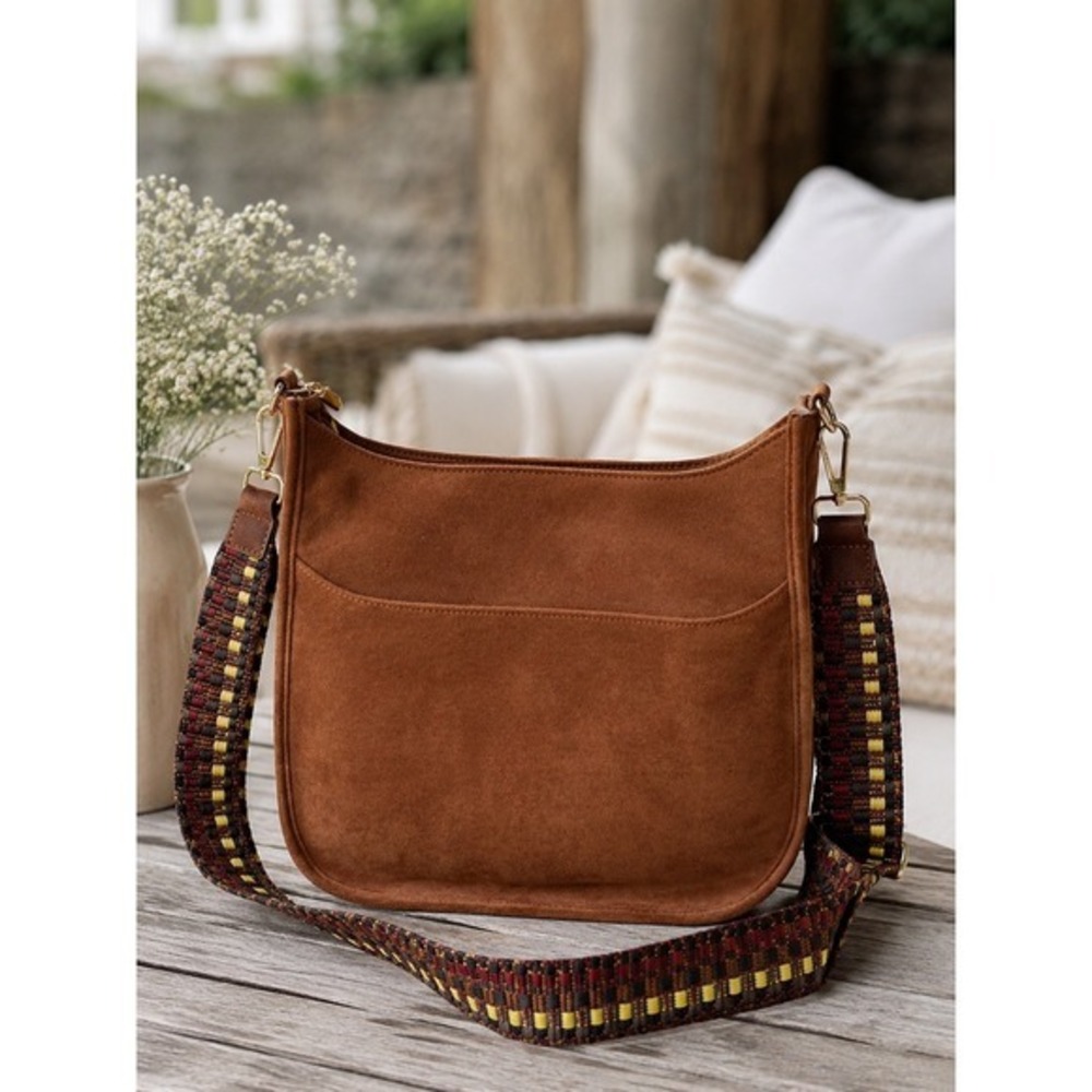 Ah-Dorned Messenger Crossbody Bag Womens Medium Brown Excellent Vegan Suede Boho